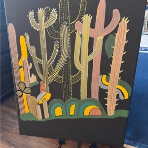 Colorful Cactus Art on Black Canvas
